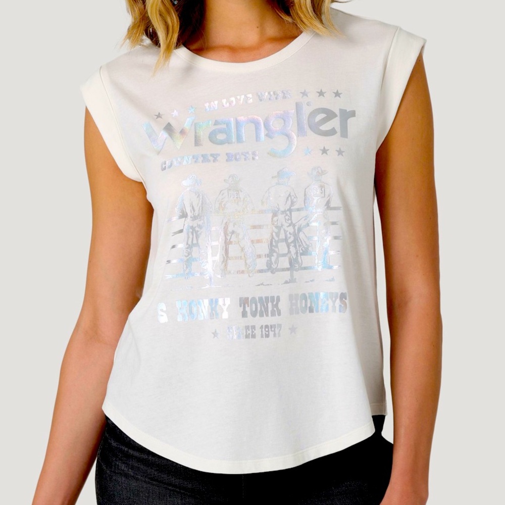 Wrangler White Foil Sleeveless 100% Cotton Fence Scene Retro Cuffed T-Shirt